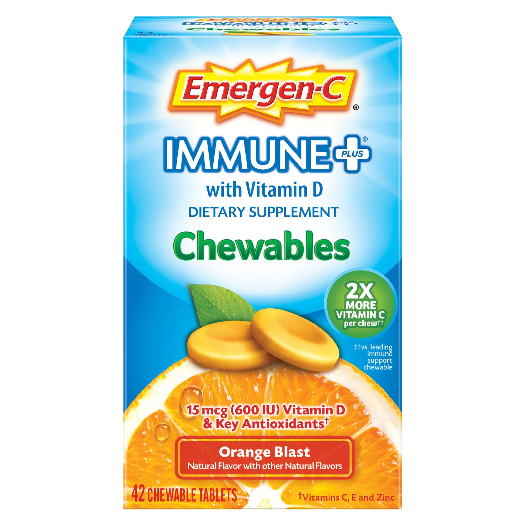 Emergen-C Immune+ Chewables 1000mg Vitamin C with Vitamin D Tablet, Immune Support Dietary Supplement for Immunity, Orange Blast Flavor - 42 Count