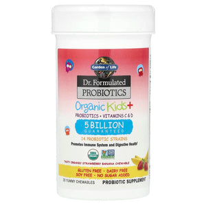 Garden of Life Dr. Formulated Probiotics Organic Kids+ plus Vitamin C & D - Berry Cherry - Gluten, Dairy & Soy Free Immune & Digestive Health Supplement, No Added Sugar, 30 Chewables (Shelf Stable)