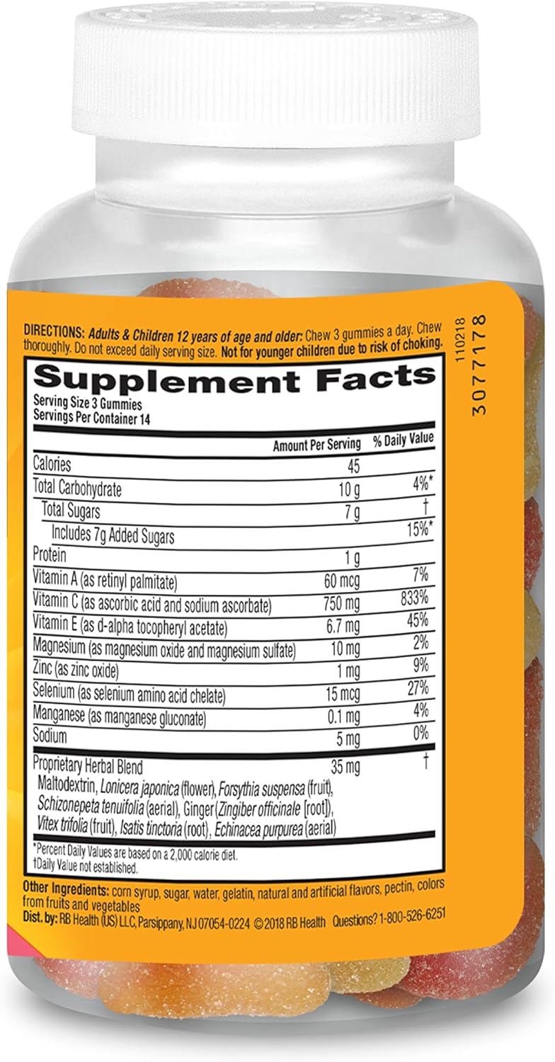 Airborne Vitamin C 750mg (per Serving) Assorted Fruit Flavored Gummies (42 Count in a Bottle), Gluten-Free Immune Support Supplement with Vitamins A C E, Selenium, Echinacea & Ginger