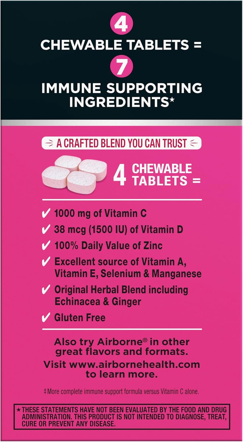 Airborne Berry Chewable Tablets, 64 count - 1000mg of Vitamin C - Immune Support Supplement