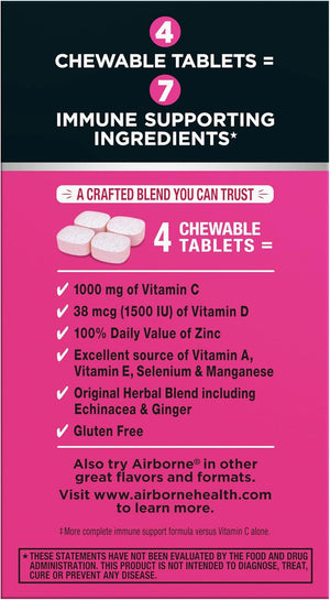 Airborne Berry Chewable Tablets, 64 count - 1000mg of Vitamin C - Immune Support Supplement