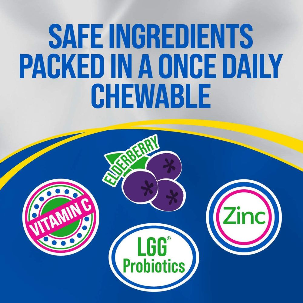 Culturelle Immune Defense Probiotic with Vitamin C, Vitamin D and Zinc + Elderberry, Non-GMO, 4-in-1 Immune Support for Kids Ages 3+*, Mixed Berry Chewables, 60 Count