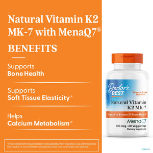 Doctor's Best Natural Vitamin K2 Mk-7 with MenaQ7, 100mcg Vitamin K2 Supplement Supports Bone Health, Non-GMO, 60 Veggie Capsules