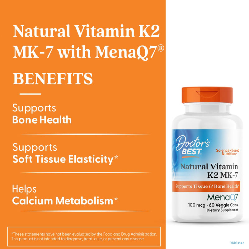 Doctor's Best Natural Vitamin K2 Mk-7 with MenaQ7, 100mcg Vitamin K2 Supplement Supports Bone Health, Non-GMO, 60 Veggie Capsules