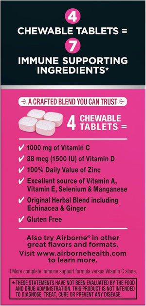 Airborne 1000mg Vitamin C Chewable Tablets With Zinc, Immune Support Supplement With Powerful Antioxidants Vitamins A C & E - 32 Chewable Tablets, Very Berry Flavor
