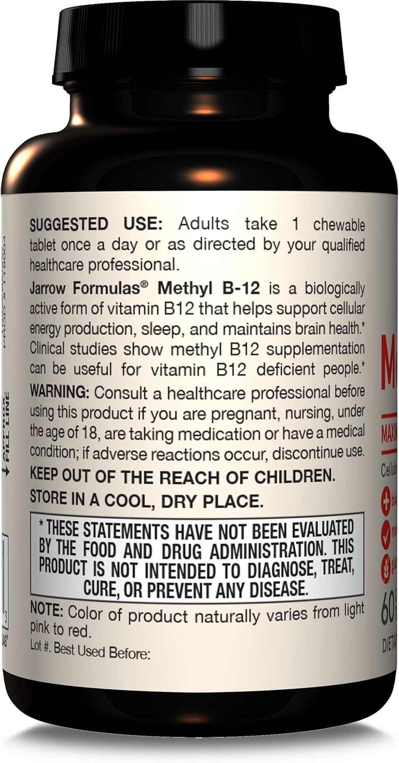 Jarrow Formulas Methyl Vitamin B12 5000 mcg - 60 Chewable Tablets, Naturally Fruit Flavored- Bioactive B12 Vitamin - Supports Cellular Energy Production, Brain Health & Metabolism - 60 Servings