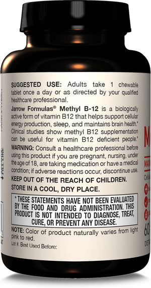 Jarrow Formulas Methyl Vitamin B12 5000 mcg - 60 Chewable Tablets, Naturally Fruit Flavored- Bioactive B12 Vitamin - Supports Cellular Energy Production, Brain Health & Metabolism - 60 Servings