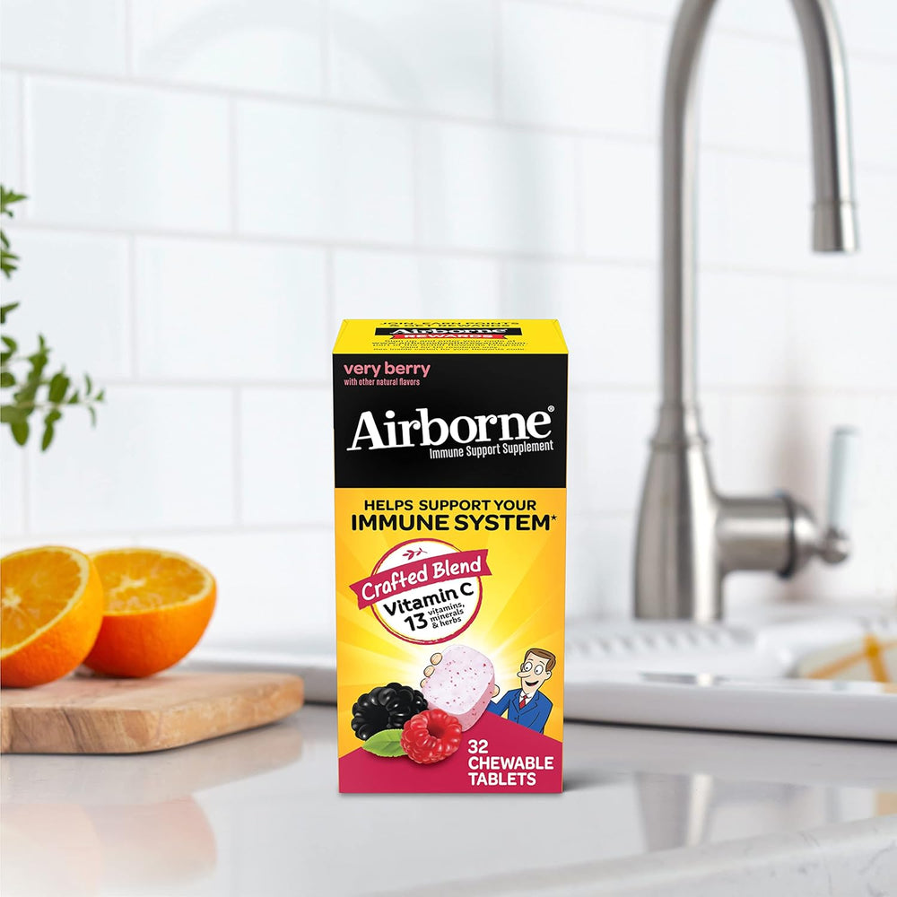 Airborne Vitamin C 1000mg (per Serving) Very Berry Chewable Tablets (32 Count in a Box), Gluten-Free Immune Support Supplement, with Vitamins A C E, ZINC, Selenium, Echinacea & Ginger, Antioxidants