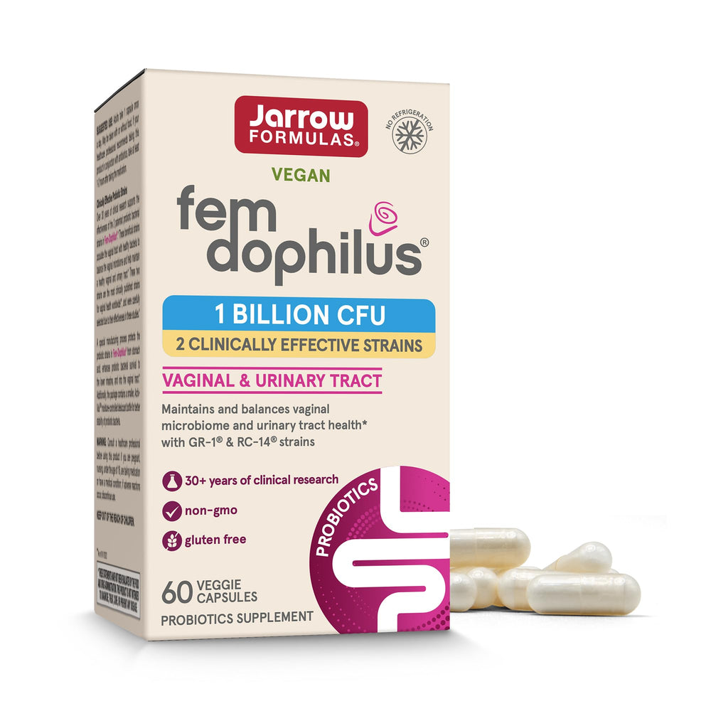 Jarrow Formulas Fem-Dophilus Probiotics 1 Billion CFU with 2 Science-Backed Strains, Dietary Suppl for Vaginal and Urinary Tract Supp,60 Veggie Caps,Up to a 60 Day Supply, Shelf-Stable,12 Packs