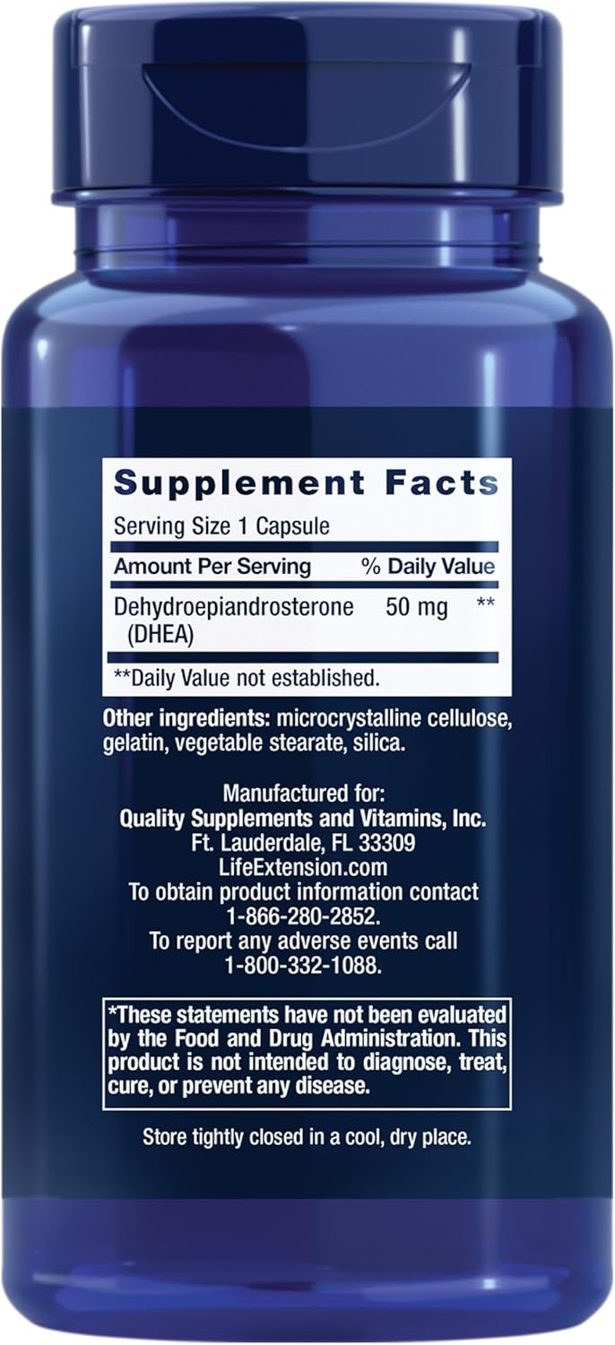 Life Extension DHEA 50 mg – Hormone Balance Supplement, Memory, Muscle Mass and Bone Density Support, Healthy Sex Drive, Gluten-Free, Non-GMO, 60 Capsules