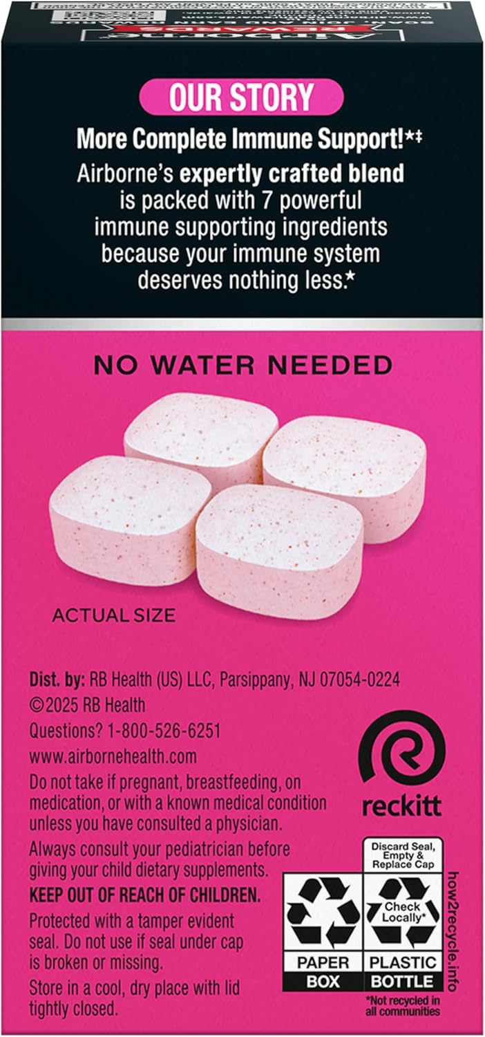 Airborne 1000mg Vitamin C Chewable Tablets With Zinc, Immune Support Supplement With Powerful Antioxidants Vitamins A C & E - 32 Chewable Tablets, Very Berry Flavor