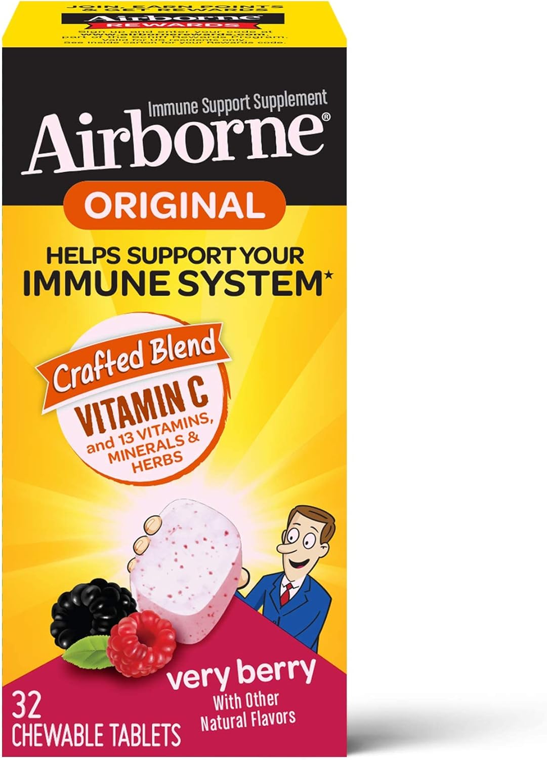 Airborne 1000mg Vitamin C + Zinc Immune Support Supplement Chewable Tablets, Very Berry Flavor with Powerful Antioxidants Vitamins A C & E, 32 Chewable Tablets (2 Pack)