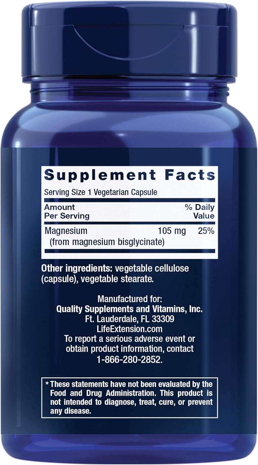Life Extension Magnesium Glycinate, Heart Health, Bone Health, Nerve and Muscle Support, Highly absorbable, Gluten-Free, Non-GMO, Vegetarian, 90 Capsules