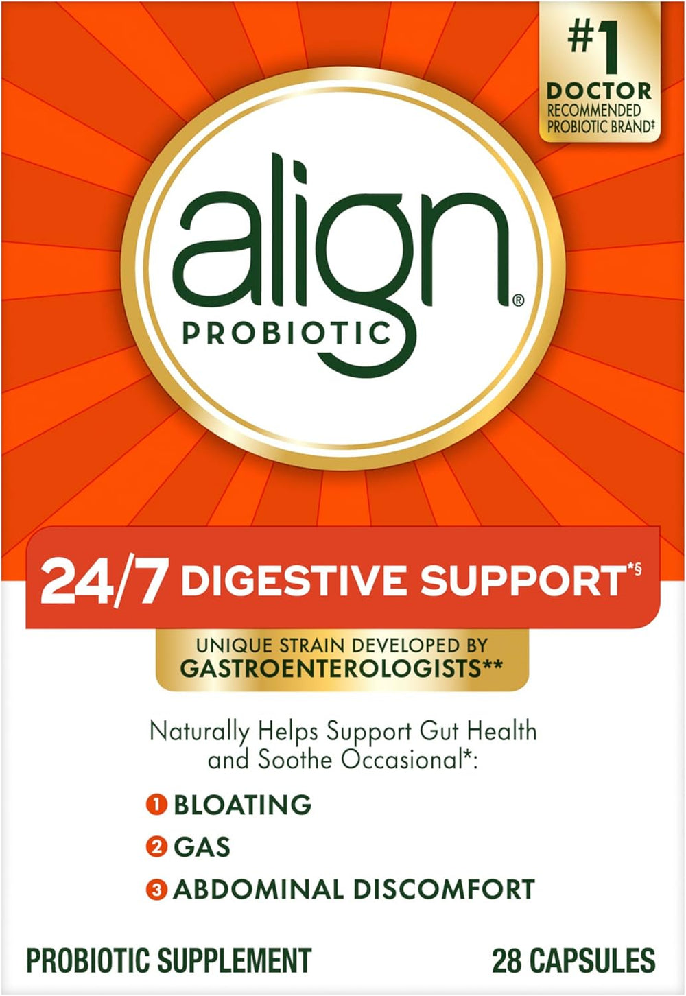 Align Probiotic, 24/7 Digestive Support*§, Probiotics for Women and Men, Probiotics for Digestive Health, Men and Womens Probiotic Capsules Help Relieve Occasional Bloating & Gas*, 28 Capsules