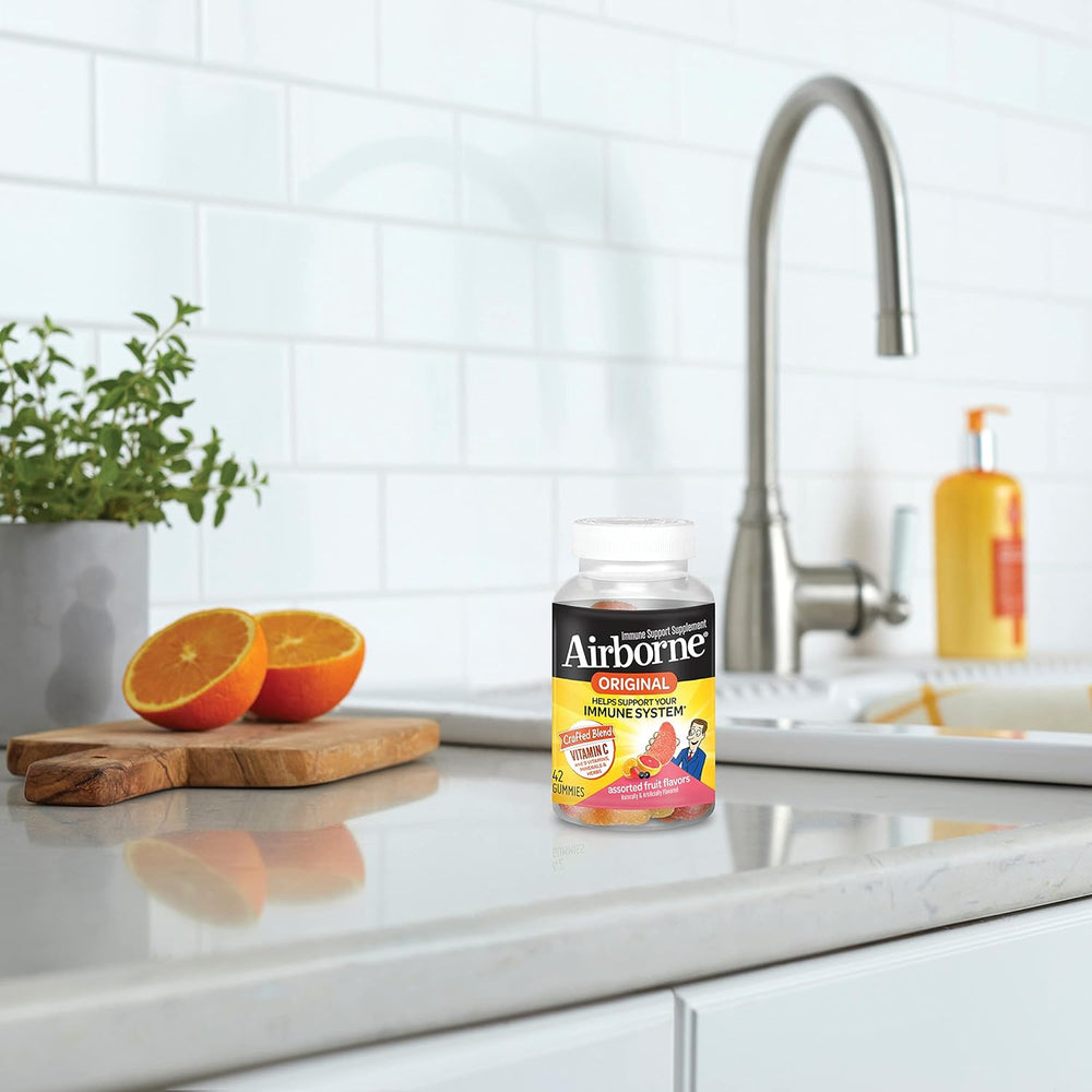 Airborne Vitamin C 750mg (per Serving) Assorted Fruit Flavored Gummies (42 Count in a Bottle), Gluten-Free Immune Support Supplement with Vitamins A C E, Selenium, Echinacea & Ginger