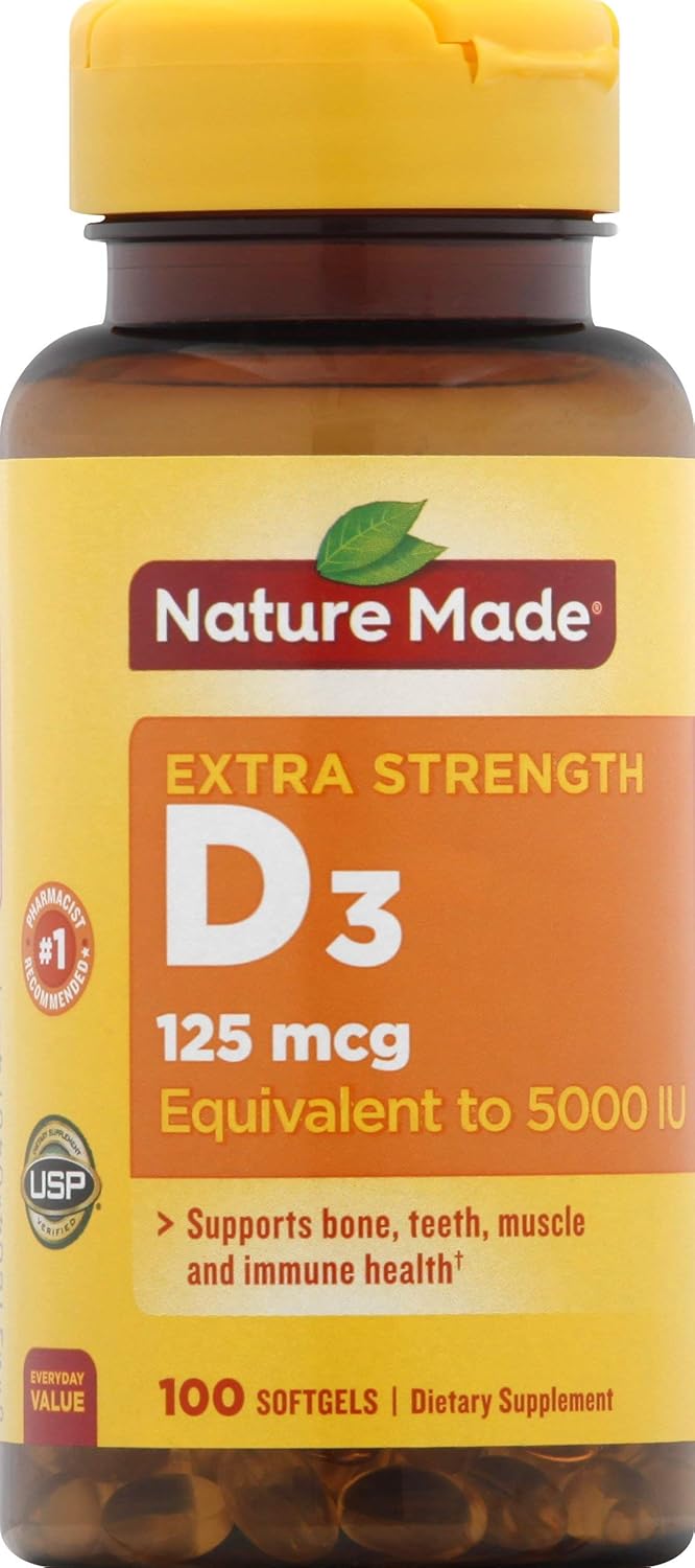 Nature Made Vitamin D3 5000 IU (125 mcg) Softgels, Extra Strength Vitamin D Supplement for Bone and Immune Health Support, 90 Softgels, 90 Day Supply