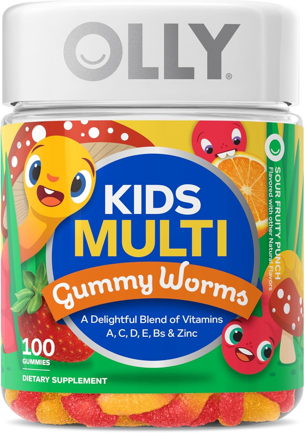 OLLY Kids Multivitamin Gummy Worms, Overall Health and Immune Support, Vitamins and Minerals A, C, D, E, Bs and Zinc, Kids Chewable Supplement, Sour Fruit Punch, 45 Day Supply - 100 Count