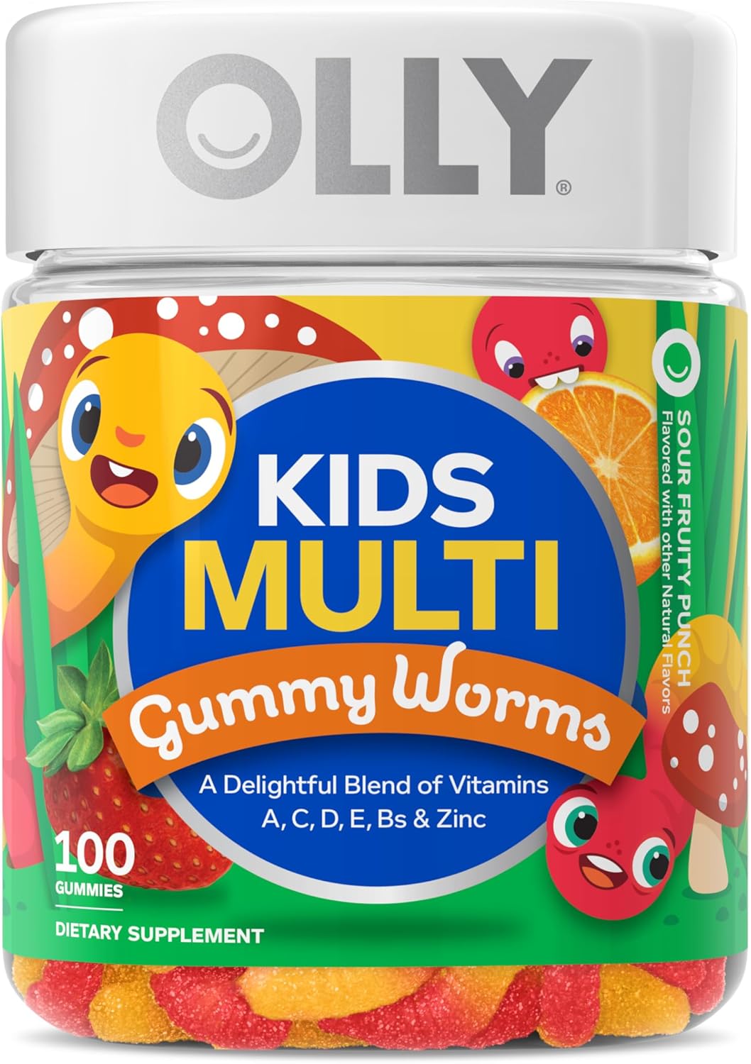 OLLY Kids Multivitamin Gummy Worms, Overall Health and Immune Support, Vitamins and Minerals A, C, D, E, Bs and Zinc, Chewable Supplement, Sour Fruit Punch, 45 Day Supply (70 Count)