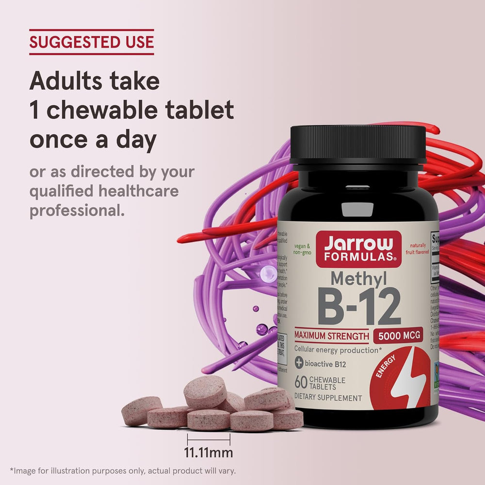 Jarrow Formulas Methyl Vitamin B12 5000 mcg - 60 Chewable Tablets, Naturally Fruit Flavored- Bioactive B12 Vitamin - Supports Cellular Energy Production, Brain Health & Metabolism - 60 Servings