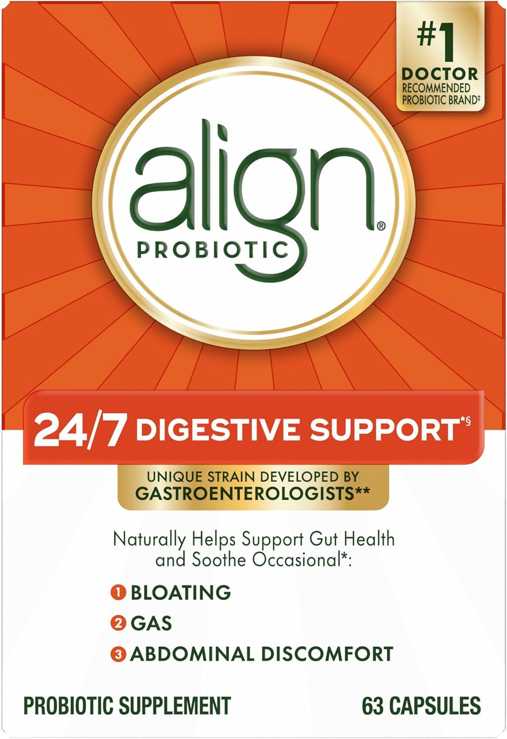 Align Probiotic, Probiotics for Women and Men, Daily Probiotic Supplement for Digestive Health*, #1 Recommended Probiotic by Doctors and Gastroenterologists‡, 63 Capsules