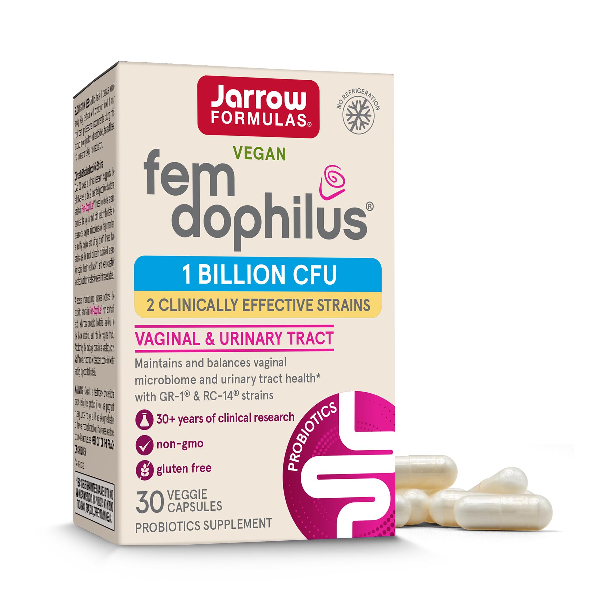 Jarrow Formulas Fem-Dophilus Probiotics 1 Billion CFU with 2 Science-Backed Strains, Dietary Suppl for Vaginal and Urinary Tract Supp,60 Veggie Caps,Up to a 60 Day Supply, Shelf-Stable,12 Packs