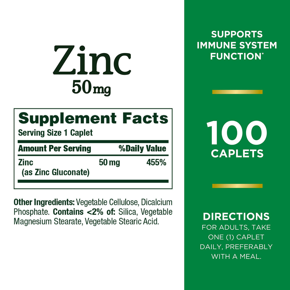 Nature’s Bounty Zinc 50mg, Immune Support & Antioxidant Supplement, Promotes Skin Health, 1 Caplet Per Day, Gluten Free, 250 Vegetarian Caplets