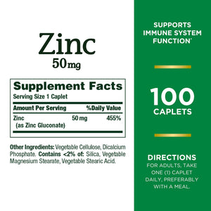 Nature’s Bounty Zinc 50mg, Immune Support & Antioxidant Supplement, Promotes Skin Health, 1 Caplet Per Day, Gluten Free, 250 Vegetarian Caplets