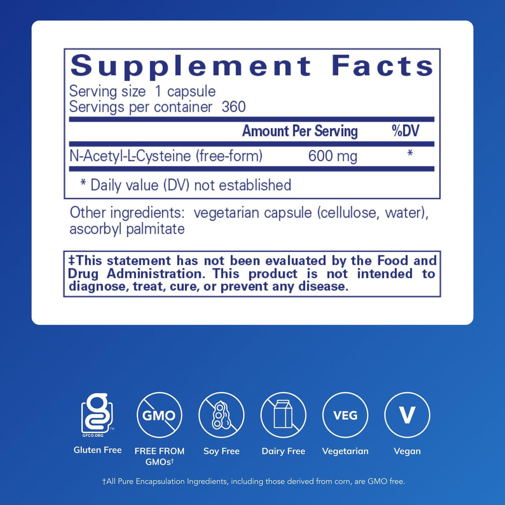Pure Encapsulations NAC 600 mg - N-Acetyl Cysteine NAC Supplement for Lung Health & Immune Support, Liver Support & Antioxidants* - with Freeform N-Acetyl-L-Cysteine - 360 Capsules