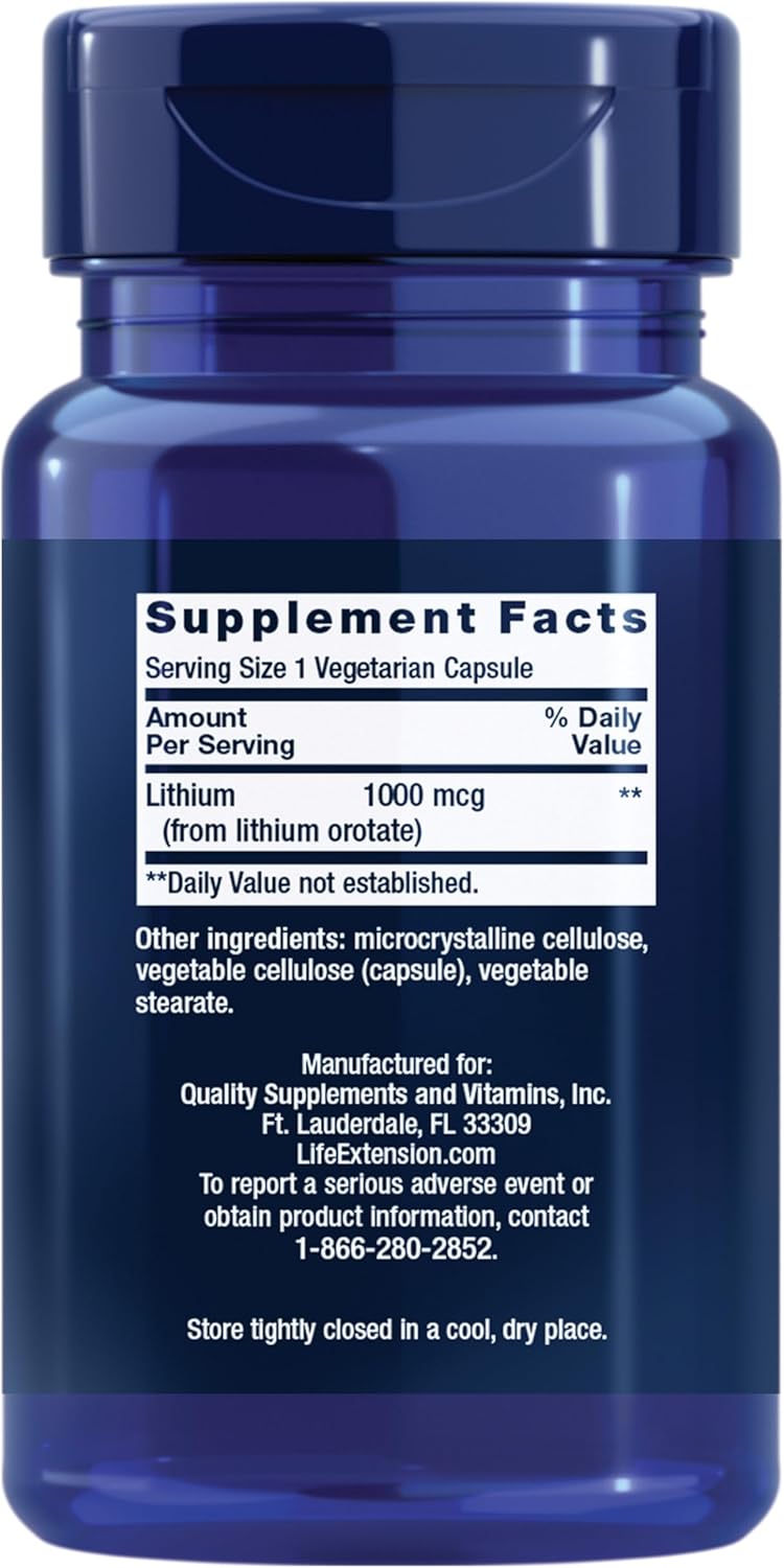 Life Extension Lithium, 1000 mcg – Lithium Orotate – Helps Maintain Cognitive Function & Memory – Low-Dose Formula – Non-GMO, Gluten-Free, Vegetarian – 100 Capsules