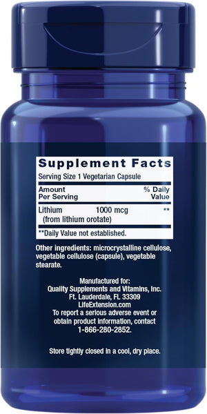 Life Extension Lithium, 1000 mcg – Lithium Orotate – Helps Maintain Cognitive Function & Memory – Low-Dose Formula – Non-GMO, Gluten-Free, Vegetarian – 100 Capsules