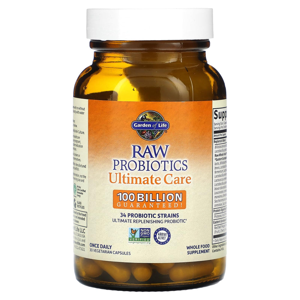 Garden of Life Probiotics for Women and Men - Raw Probiotics Ultimate Care 100 Billion CFU Probiotic Supplement, Daily Probiotic for Adults with Digestive Enzymes, 30 Capsules