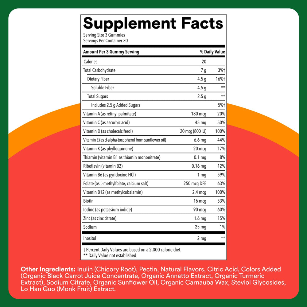 SmartyPants Kids Multivitamin & Fiber Gummies: Prebiotic Fiber to Support Kids Digestion with Vitamin D3, C, Vitamin B12, B6, A, Zinc, Biotin, Folate, Three Fruit Flavors, 90 Count (30 Day Supply)