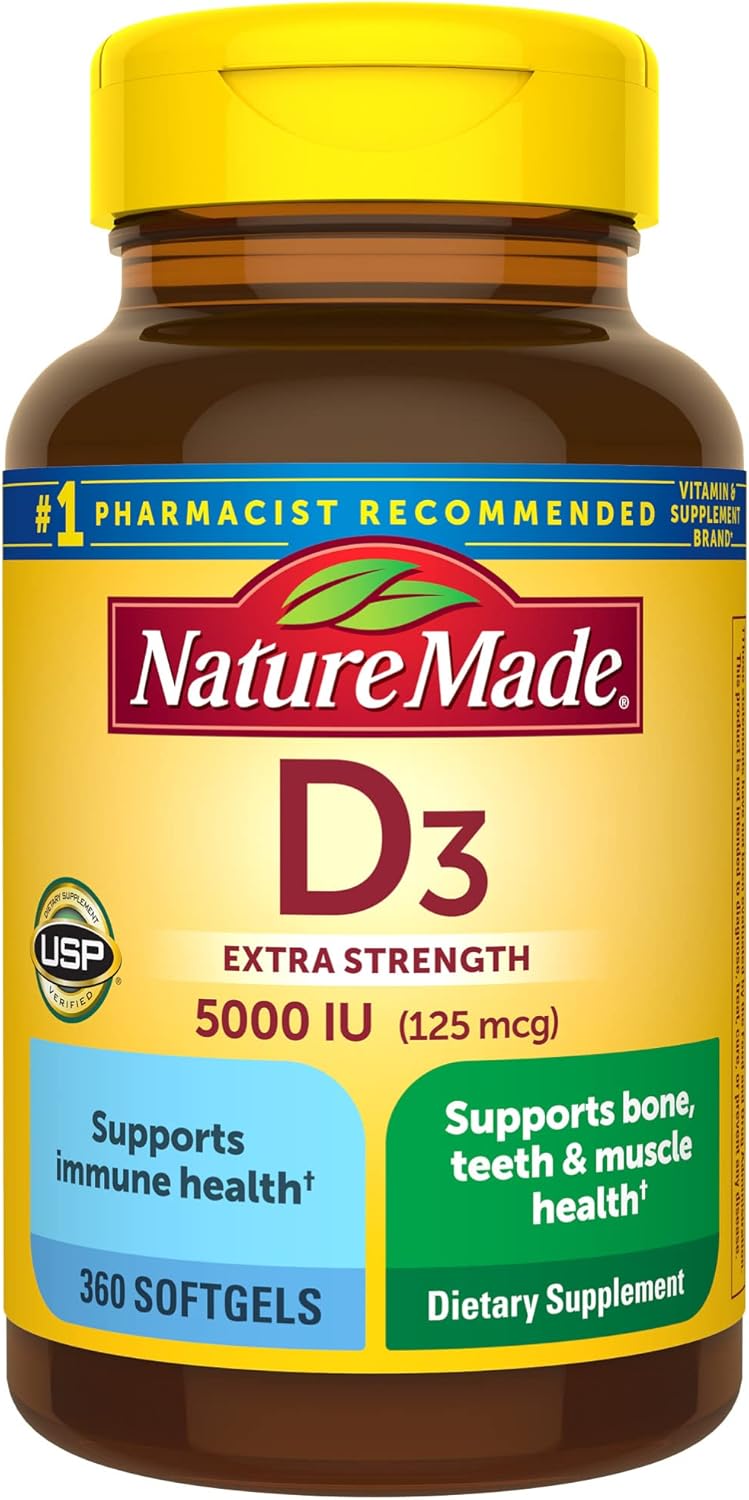 Nature Made Vitamin D3 5000 IU (125 mcg) Softgels, Extra Strength Vitamin D Supplement for Bone and Immune Health Support, 90 Softgels, 90 Day Supply