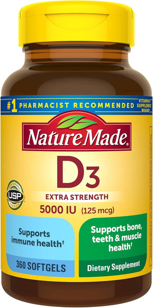Nature Made Vitamin D3 5000 IU (125 mcg) Softgels, Extra Strength Vitamin D Supplement for Bone and Immune Health Support, 90 Softgels, 90 Day Supply
