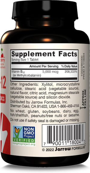 Jarrow Formulas Methyl Vitamin B12 5000 mcg - 60 Chewable Tablets, Naturally Fruit Flavored- Bioactive B12 Vitamin - Supports Cellular Energy Production, Brain Health & Metabolism - 60 Servings
