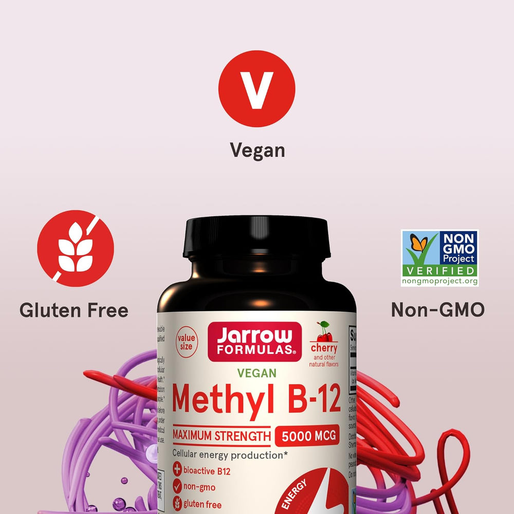 Jarrow Formulas Methyl Vitamin B12 5000 mcg - 60 Chewable Tablets, Naturally Fruit Flavored- Bioactive B12 Vitamin - Supports Cellular Energy Production, Brain Health & Metabolism - 60 Servings