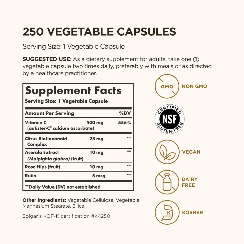 Solgar Ester-C Plus 500 mg Vitamin C (Ascorbate Complex), 250 Vegetable Capsules - Gentle & Non Acidic - Antioxidant & Immune Support - Non GMO, Vegan, Gluten Free, Kosher - 250 Servings