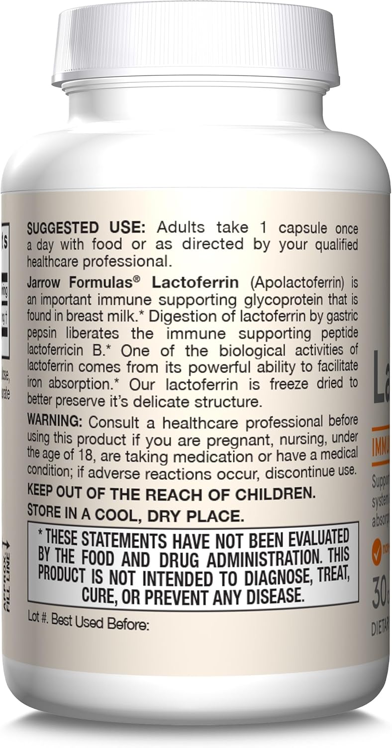 Jarrow Formulas Lactoferrin 250 mg - Immune-Supporting Glycoprotein - for Healthy Immune System Support & Iron Absorption - Freeze Dried - Gluten Free - Non-GMO - 60 Capsules (Servings), Pack of 12
