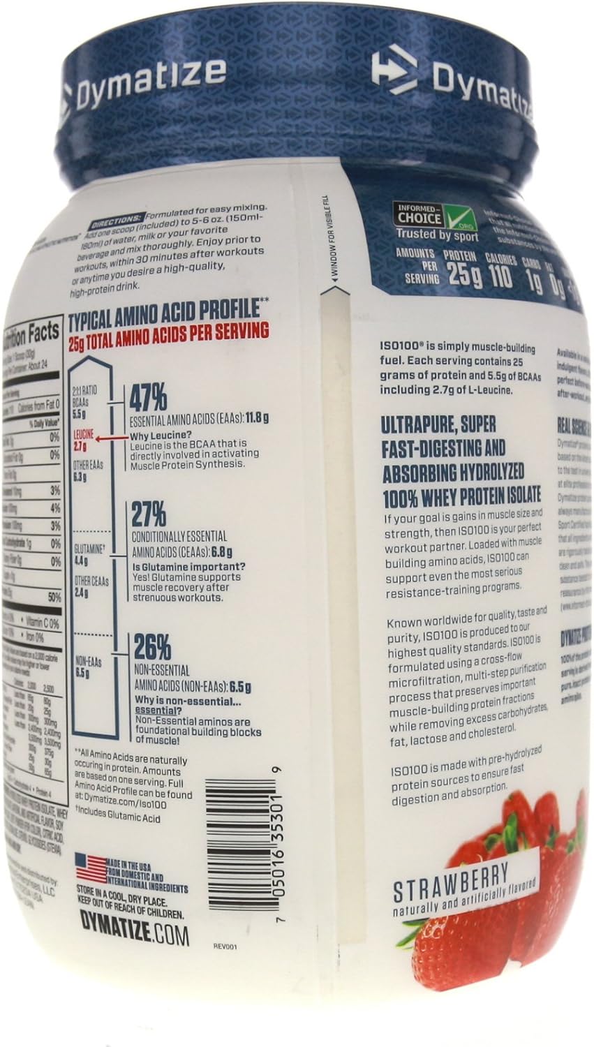 Dymatize ISO 100 Whey Protein Powder with Hydrolyzed Whey Isolate, Strawberry, 25.6 Ounce