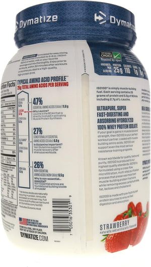 Dymatize ISO 100 Whey Protein Powder with Hydrolyzed Whey Isolate, Strawberry, 25.6 Ounce