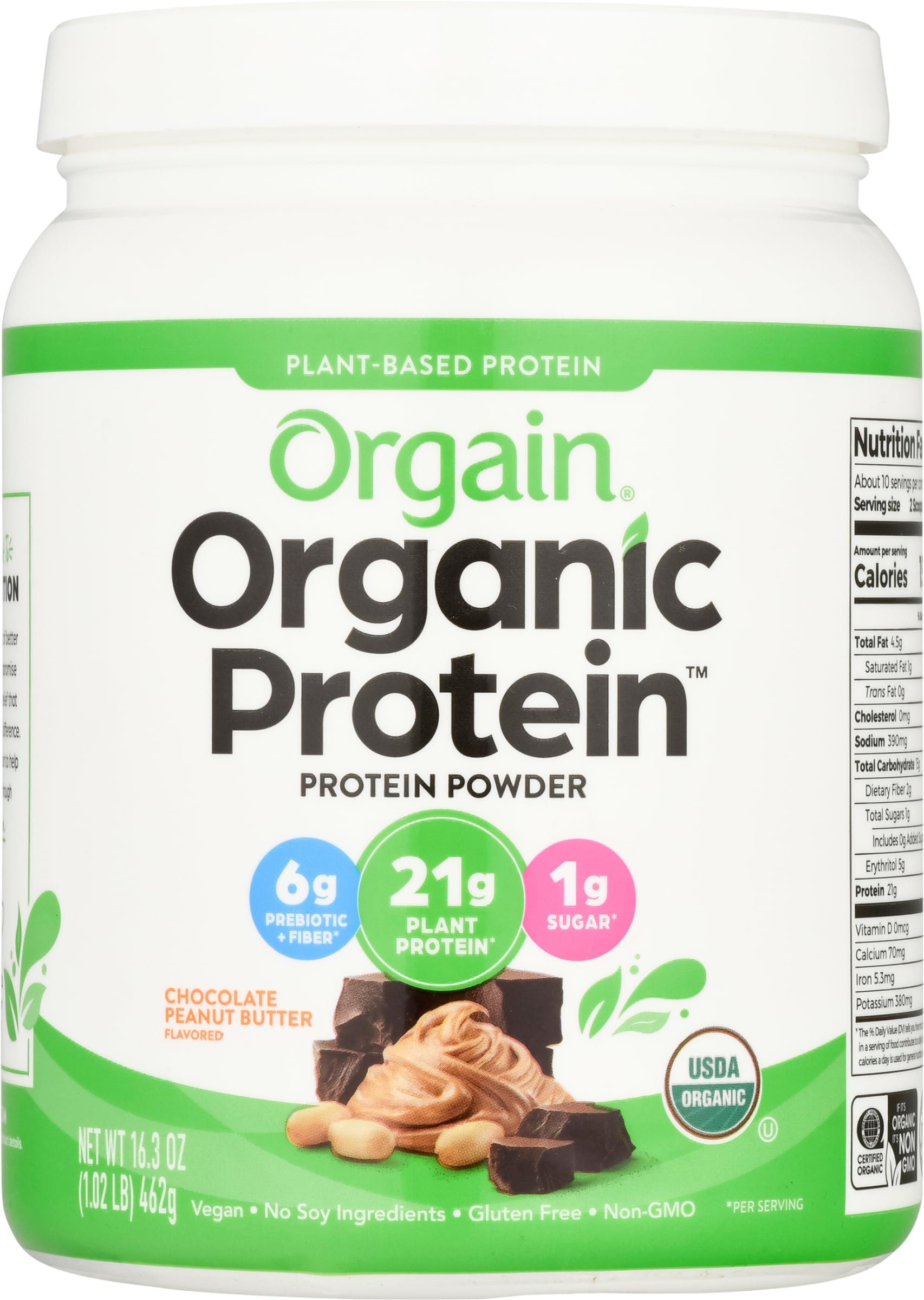 Orgain Organic Vegan Protein Powder, Chocolate Peanut Butter - 21g of Plant Based Protein, Low Net Carbs, Non Dairy, Gluten Free, Lactose Free, No Sugar Added, Soy Free, Kosher, 1.02 Pound