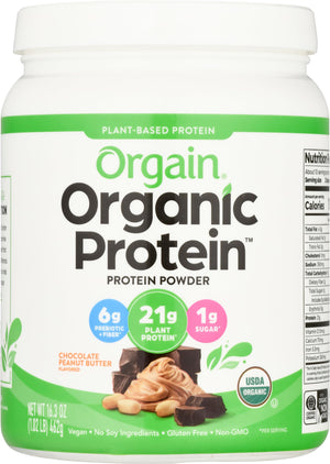 Orgain Organic Vegan Protein Powder, Chocolate Peanut Butter - 21g of Plant Based Protein, Low Net Carbs, Non Dairy, Gluten Free, Lactose Free, No Sugar Added, Soy Free, Kosher, 1.02 Pound