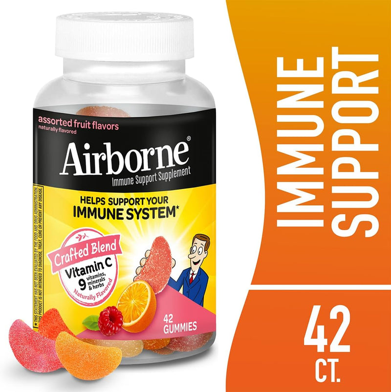 Airborne 750mg Vitamin C Immune Support Supplement Gummies for Adults, Assorted Fruit Flavor, Gluten Free Crafted Blend with Powerful Antioxidants Vitamins A C & E, 42 Gummies (2 Pack)