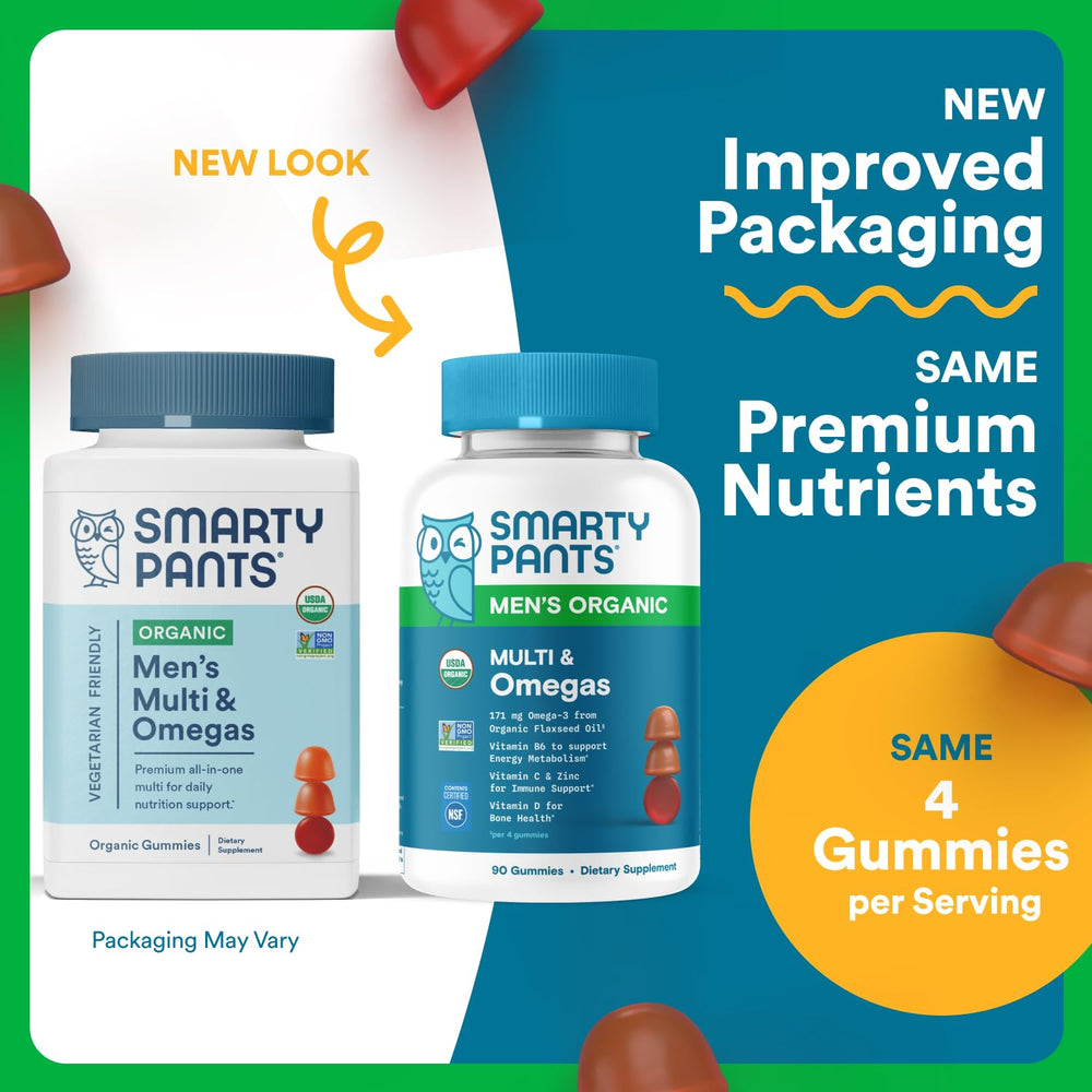 SmartyPants Multivitamin for Men, Organic Gummies: Methylfolate, Omega 3 (ALA), Vitamin D3, C, Vitamin B12, B6, A, K & Zinc for Immune Support, Biotin, Vegetarian, 120 Gummies (30 Day Supply)