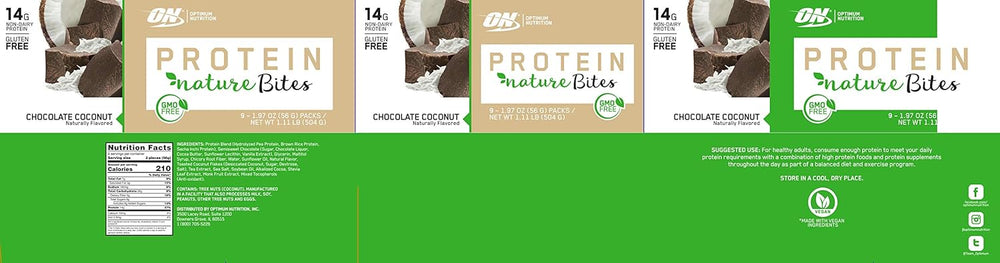 New! Optimum Nutrition Nature Bites, Decadent Protein Snack, Vegan Snack, Gluten Free, GMO Free, Flavor: Chocolate Coconut, 17.7 Oz