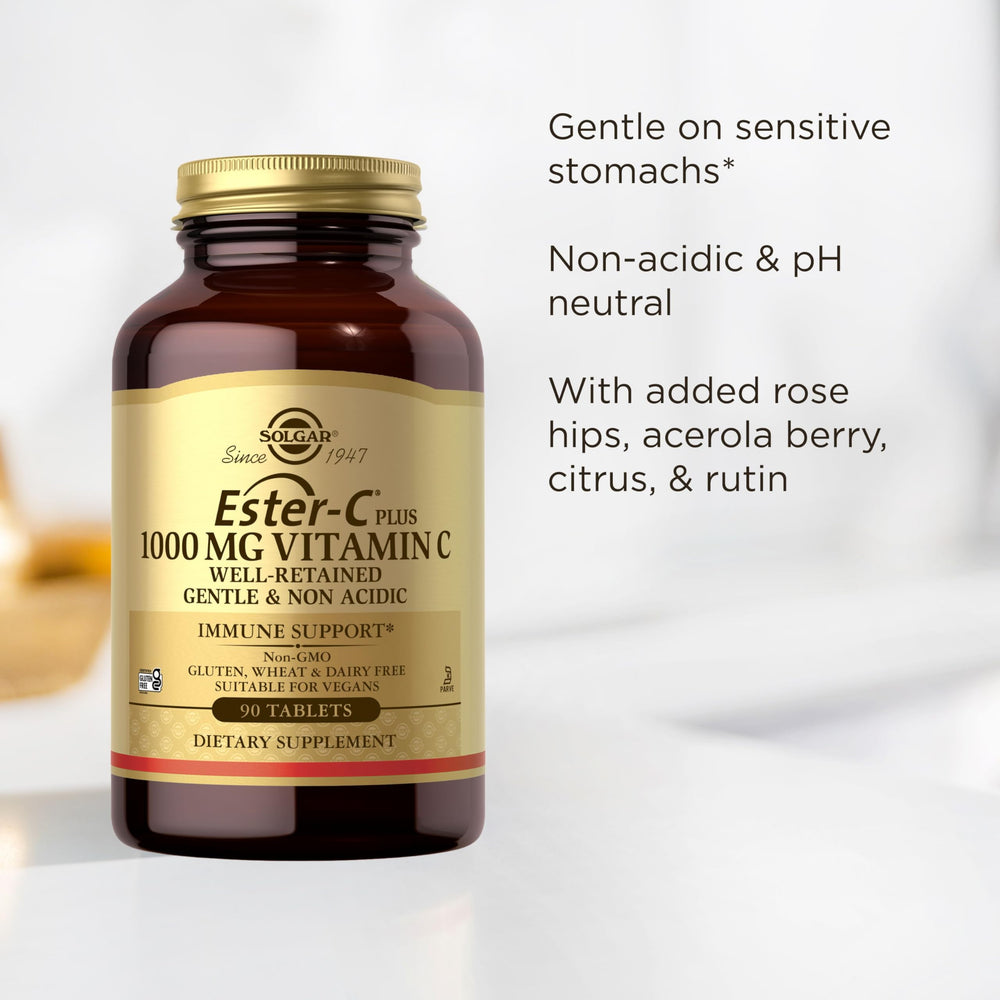 Solgar Ester-C Plus 1000 mg Vitamin C (Ascorbate Complex), 60 Tablets - Gentle On The Stomach & Non Acidic - Antioxidant & Immune System Support - Non GMO, Vegan, Gluten-Free, Kosher - 60 Servings