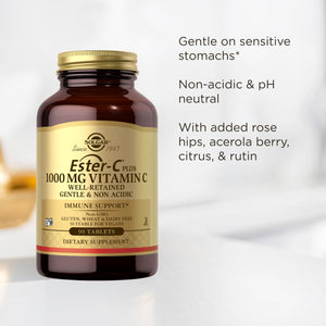 Solgar Ester-C Plus 1000 mg Vitamin C (Ascorbate Complex), 60 Tablets - Gentle On The Stomach & Non Acidic - Antioxidant & Immune System Support - Non GMO, Vegan, Gluten-Free, Kosher - 60 Servings
