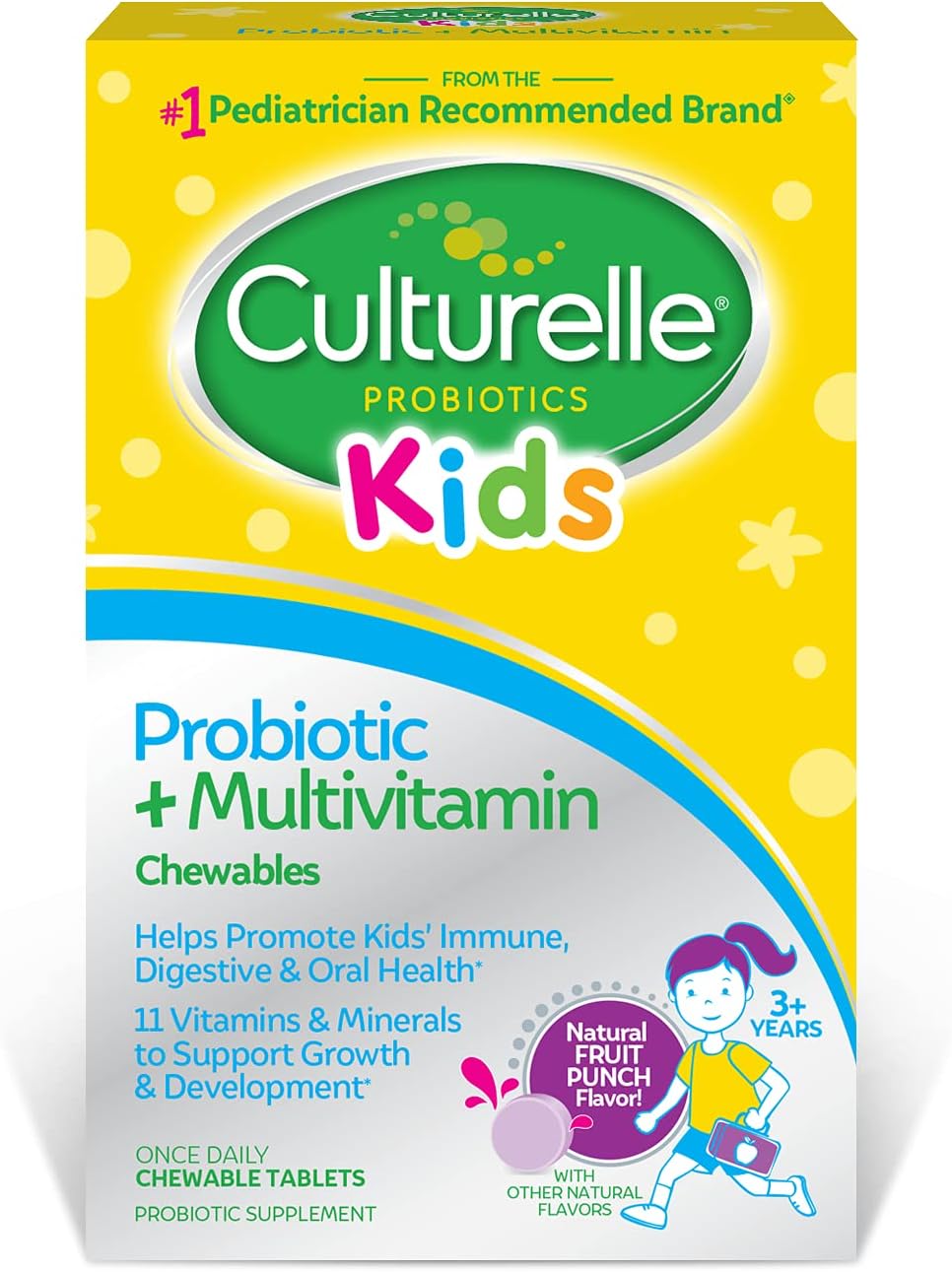 Culturelle Kids Probiotic + Complete Multivitamin Chewable For Kids, Ages 3+, 30 Count, Digestive Health, Oral Health & Immune Support - With 11 Vitamins & Minerals, including Vitamin C, D3 & Zinc