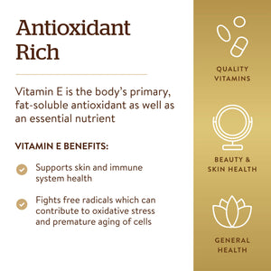 Solgar Vitamin E 670 mg (1000 IU), 180 Softgels - Natural Antioxidant, Skin & Immune System Support - Naturally-Sourced Vitamin E - Gluten Free, Dairy Free - 180 Servings