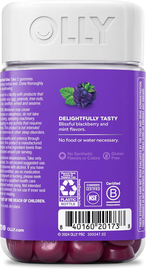 OLLY Sleep Gummy, 3mg Melatonin, L-Theanine, Chamomile, Lemon Balm, Sleep Aid, BlackBerry, 90 Count